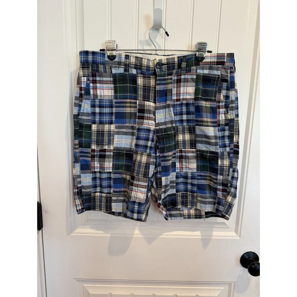 J. Crew Men’s Patchwork Mattress Shorts Size 36 NWOT Blue Plaid Cotton Preppy
